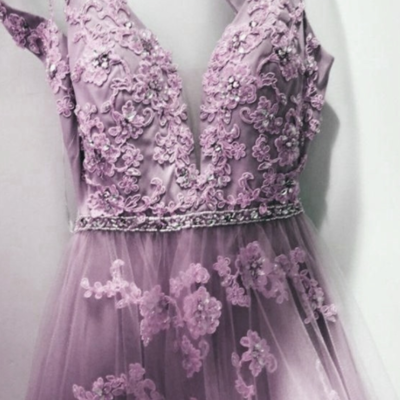 Light purple tulle v neck prom dress with lace applique  - Thumbnail 3