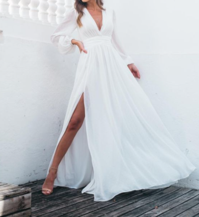 Elegant A-Line V Neck Long Sleeves White Chiffon Evening Party Dresses with Slit,1103