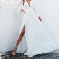 Elegant A-Line V Neck Long Sleeves White Chiffon Evening Party Dresses with Slit,1103 - Thumbnail 1