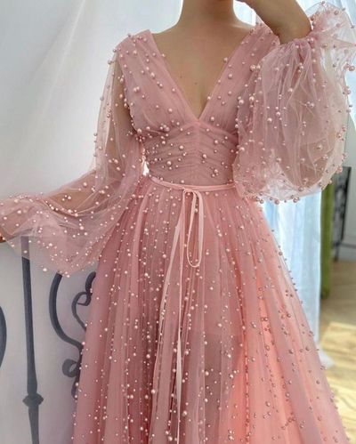 Pink Long Sleeves Evening Dresses,Pearl Beading Prom Dresses,V-neck Evening Prom Dress,1105