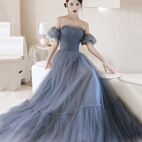 Blue tulle long A line prom dress blue evening dress - Thumbnail 1