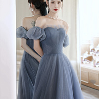 Blue tulle long A line prom dress blue evening dress - Thumbnail 2