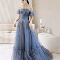 Blue tulle long A line prom dress blue evening dress - Thumbnail 3