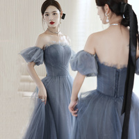 Blue tulle long A line prom dress blue evening dress - Thumbnail 4