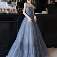 Blue tulle long A line prom dress blue evening dress - Thumbnail 6