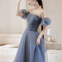 Blue tulle long A line prom dress blue evening dress - Thumbnail 7