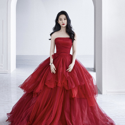 Red tulle long a line prom dress red evening dress
