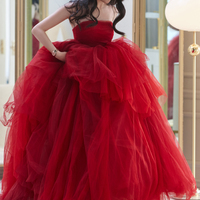Red tulle long A line prom dress red evening dress - Thumbnail 3