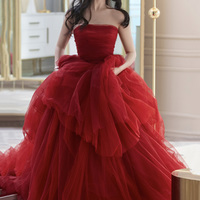 Red tulle long A line prom dress red evening dress - Thumbnail 4