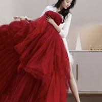 Red tulle long A line prom dress red evening dress - Thumbnail 5