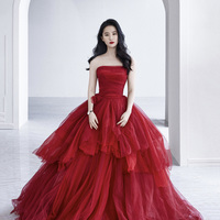 Red tulle long A line prom dress red evening dress - Thumbnail 6