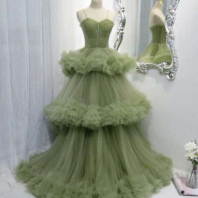 Green tulle long a line prom dress green evening dress,1107