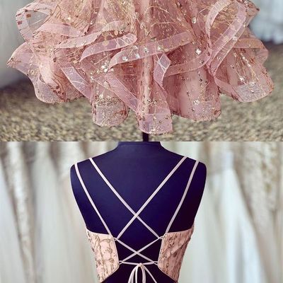 Pink short homecoming dresses shiny sequined party dress ball gown formal dresses v-neck evening dress,766