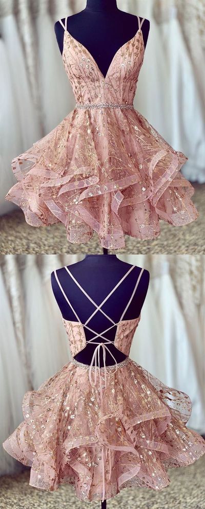 Pink short homecoming dresses shiny sequined party dress ball gown formal dresses v-neck evening dress,766