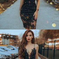 Sheath Spaghetti Straps Black Beaded Short Prom Dress With Lace,1115 - Thumbnail 1