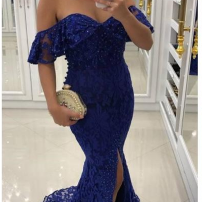 Royal blue full lace mermaid prom dresses off the shoulder evening party gowns sexy split formal dress,565 - Thumbnail 5