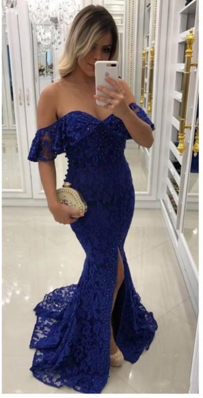 Royal Blue Full Lace Mermaid Prom Dresses Off The Shoulder Evening Party Gowns Sexy Split Formal Dress,565