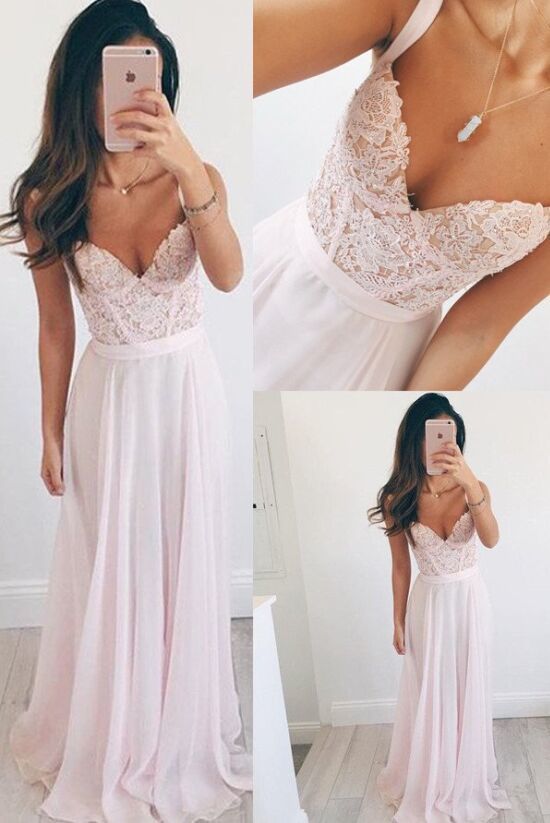 Girly Pink Lace Chiffon Long Prom Dresses,Pretty Modest Prom Gowns,Prom Dress For Teens,Elegant Party Dresses,Evening Dresses,566