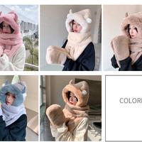 Cute devil horn windproof warm 3-in-1 cap scarf gloves - Thumbnail 4