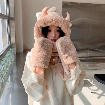 Cute devil horn windproof warm 3-in-1 cap scarf gloves