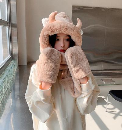 Cute devil horn windproof warm 3-in-1 cap scarf gloves