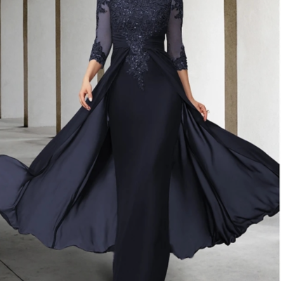 Elegant sheath 3/4 sleeves long mother of the bride dresses with appliques，569 - Thumbnail 4