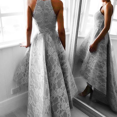 A-line halter hi-lo floor-length sleeveless grey satin prom dress with lace，568 - Thumbnail 3