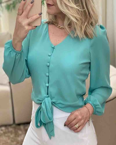 Long Sleeve V-Neck Chiffon Top