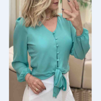 Long Sleeve V-Neck Chiffon Top - Thumbnail 1