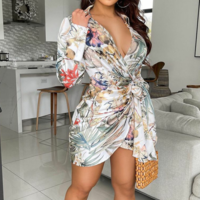 Sexy Print Long Sleeve V-Neck Dress - Thumbnail 2