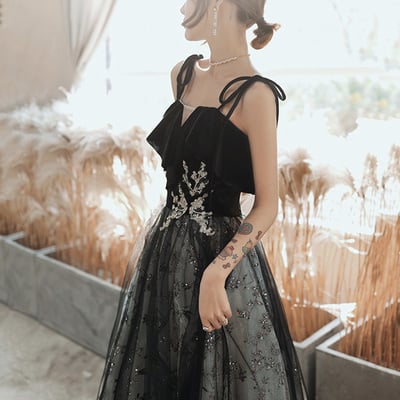 Black tulle sequins long prom dress black evening dress - Thumbnail 2