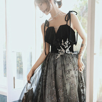 Black tulle sequins long prom dress black evening dress - Thumbnail 1