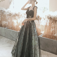 Black tulle sequins long prom dress black evening dress - Thumbnail 2