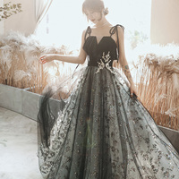 Black tulle sequins long prom dress black evening dress - Thumbnail 4