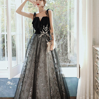 Black tulle sequins long prom dress black evening dress - Thumbnail 6