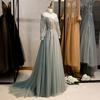 Sheer Neck Heavy Beaded Prom Dresses Lace Applique Gray Evening Gowns Winter A Line Long Sleeve Evening Dresses for Christmas Party,572 - Thumbnail 1