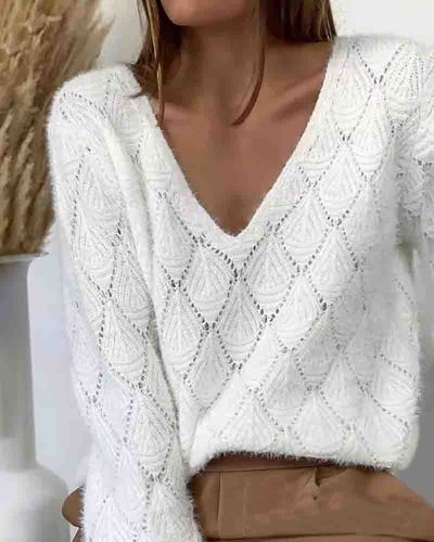 Solid Color V-Neck White Sweater