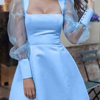 Women Sweet Blue Stitching Dress - Thumbnail 1