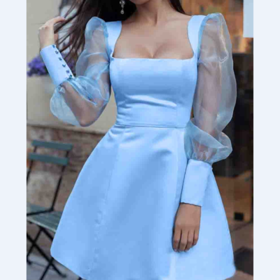 Women sweet blue stitching dress - Thumbnail 3
