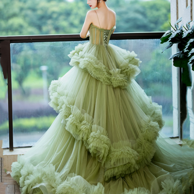 Mermaid long green tulle prom dress,formal dress - Thumbnail 5