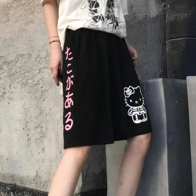 Cute Cat Kitty Cartoon Print Letter Loose Oversized Hip Hop Shorts Bottoms Punk Goth Aesthetic Casual Summer E-Girl Kawaii Korean Japanese Harajuku