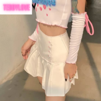 Cute Sweet White Heart Button Pleated Zipper Patchwork High Waisted Mini Skirt Bottoms Aesthetic Casual Summer E-Girl Kawaii Korean Japanese Harajuku - Thumbnail 2