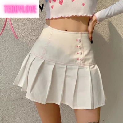 Cute Sweet White Heart Button Pleated Zipper Patchwork High Waisted Mini Skirt Bottoms Aesthetic Casual Summer E-Girl Kawaii Korean Japanese Harajuku