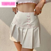 Cute Sweet White Heart Button Pleated Zipper Patchwork High Waisted Mini Skirt Bottoms Aesthetic Casual Summer E-Girl Kawaii Korean Japanese Harajuku - Thumbnail 1