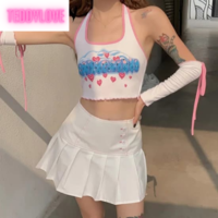 Cute Sweet White Heart Button Pleated Zipper Patchwork High Waisted Mini Skirt Bottoms Aesthetic Casual Summer E-Girl Kawaii Korean Japanese Harajuku - Thumbnail 3