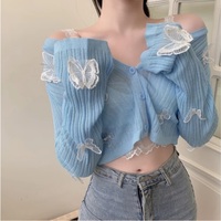 Cute Sweet Butterfly Knit Cardigan V Neck Crop Top Thin Long Sleeve T-shirt Vintage Aesthetic Casual Summer E-Girl Kawaii Korean Japanese Harajuku - Thumbnail 1