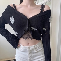 Cute Sweet Butterfly Knit Cardigan V Neck Crop Top Thin Long Sleeve T-shirt Vintage Aesthetic Casual Summer E-Girl Kawaii Korean Japanese Harajuku - Thumbnail 3