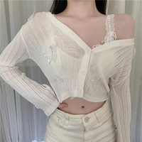 Cute Sweet Butterfly Knit Cardigan V Neck Crop Top Thin Long Sleeve T-shirt Vintage Aesthetic Casual Summer E-Girl Kawaii Korean Japanese Harajuku - Thumbnail 5