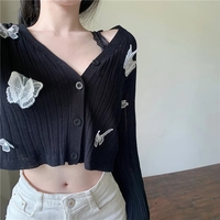 Cute Sweet Butterfly Knit Cardigan V Neck Crop Top Thin Long Sleeve T-shirt Vintage Aesthetic Casual Summer E-Girl Kawaii Korean Japanese Harajuku - Thumbnail 4