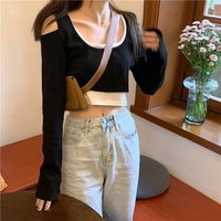 Cute Sexy 2pcs Off Shoulder Hollow Out Crop Top Long Sleeve T-shirt Vintage Punk Goth Aesthetic Casual Summer E-Girl Kawaii Korean Japanese Harajuku - Thumbnail 4